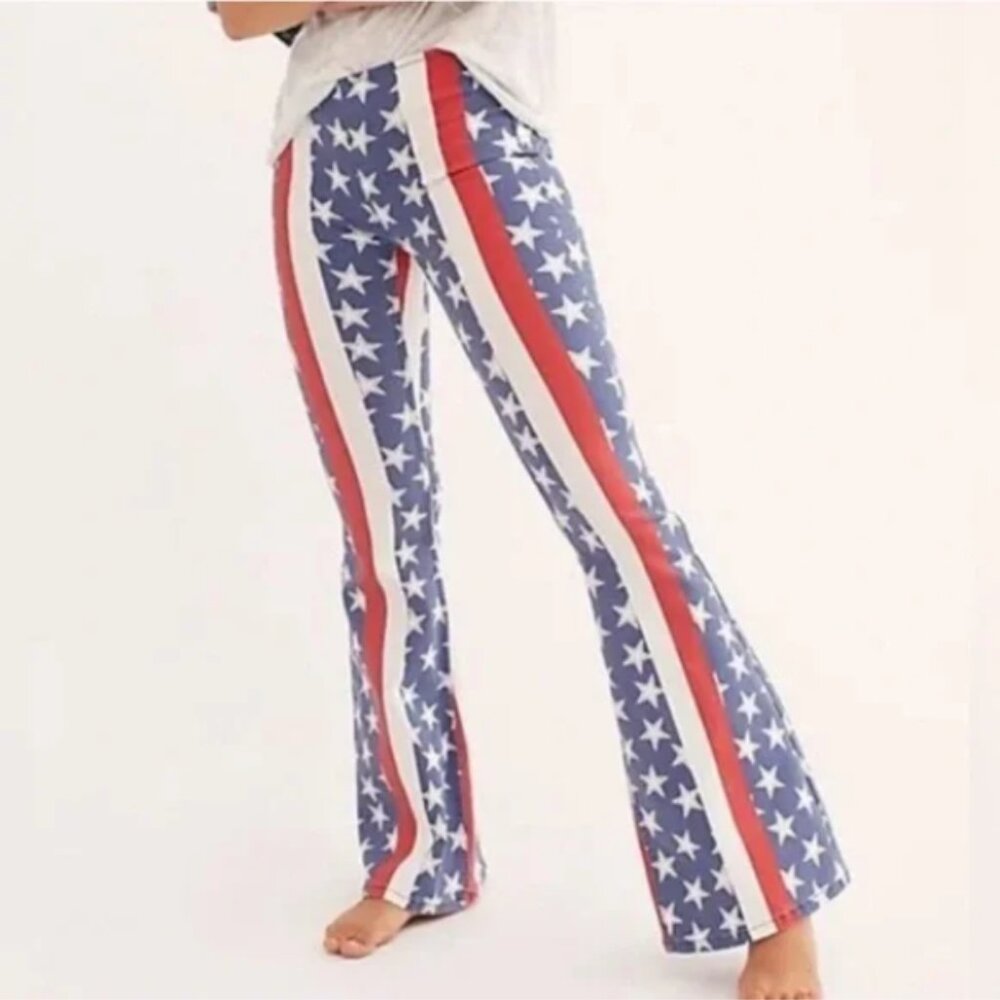 Free People  Printed Penny Pull-On Flare Jeans New 29 Stars And Stripes America